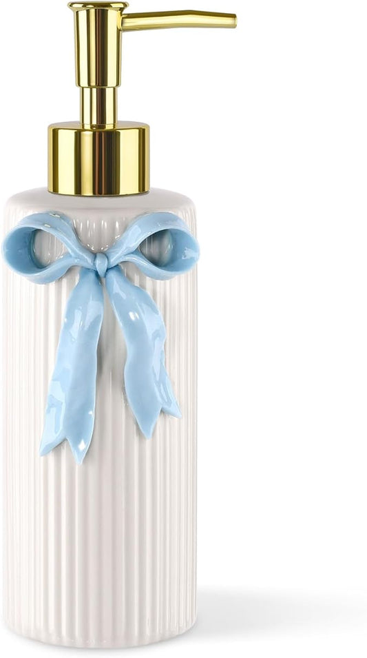 Handmade Ceramic Bow Soap Pump Dispenser Hand Lotion Liquid Dispenser Refillable for Kitchen and Bathroom Decorative (Ribbon Blue)