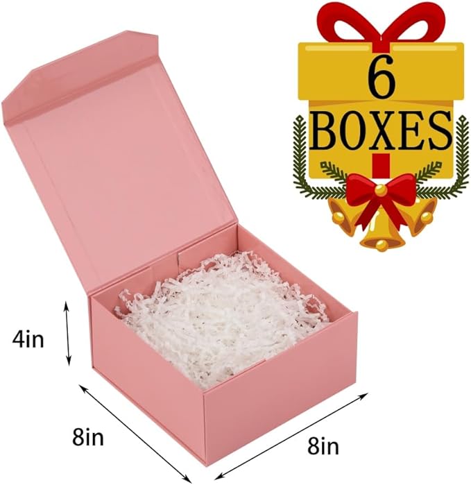 6 Pcs 8x8x4 Inch Pink Magnetic Gift Box Small Magnetic Box with Crinkle Paper Pink Small Gift Box with Shredded Paper Luxury Gift Boxes with Lids for Presents