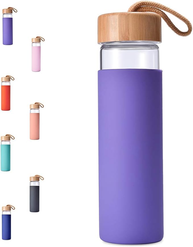 20 Oz Borosilicate Glass Water Bottles with Silicone Sleeve BPA Free, Dishwasher Safe - Reusable Clear Glass Drinking with Leak Proof Bamboo Lid | Perfect Gym Water Bottles for Men & Women