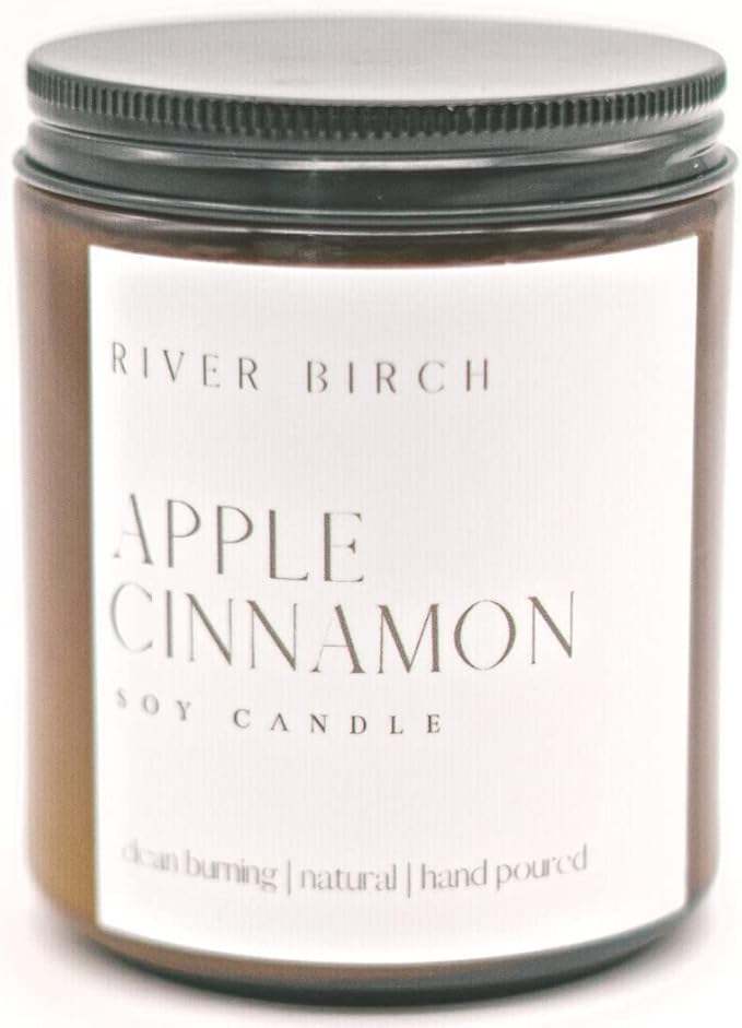 River Birch Candles Apple Cinnamon Scented Candle | Premium, All-Natural, Non-Toxic, Soy Amber Jar Candles | 8.5oz 40 Hr Burn Time | Cozy Relaxing Gifts for Home