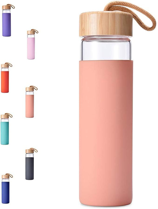 20 Oz Borosilicate Glass Water Bottles with Silicone Sleeve BPA Free, Dishwasher Safe - Reusable Clear Glass Drinking with Leak Proof Bamboo Lid | Perfect Gym Water Bottles for Men & Women