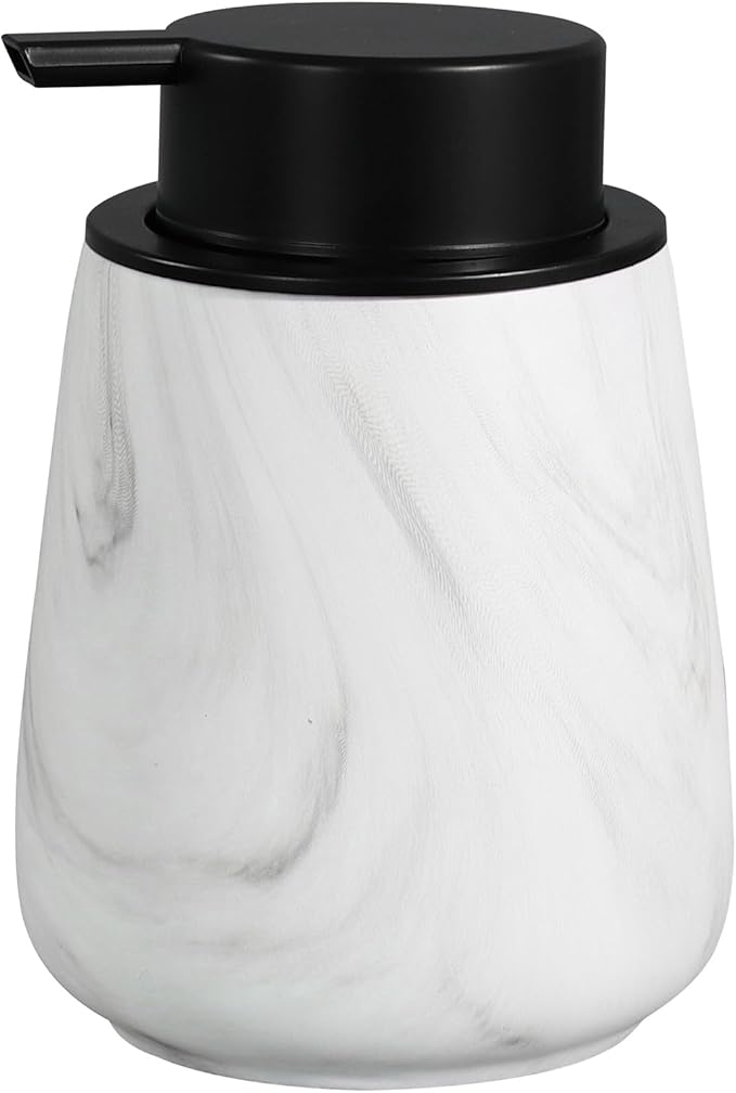 12Oz Ceramic Liquid Soap Dispenser - Modern Lotion Hand Soap Dispenser with Easy-to-Press Black Pump, Reusable and Refillable Dish Soap Dispensers for Bathroom & Kitchen, Marble White