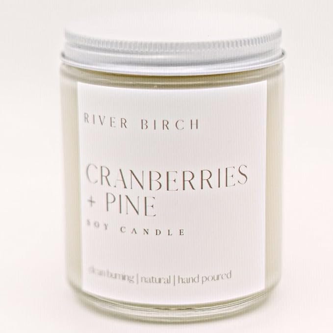 River Birch Candles Cranberries + Pine Scented Candle | Premium, All-Natural, Non-Toxic, Soy Candles | 8.5oz 40 Hr Burn Time | Cozy Relaxing Gifts for Home