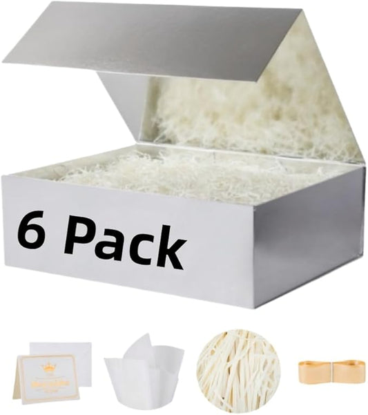 UoeRing 6 Pack Silver Gift Box Large 13.5x11.8x4.7 inch Luxury Bridesmaid Proposal Box for Presents with Magnetic Closure Lid Collapsible,Contains Card, Ribbon, Tissue Paper,Shredded Paper Filler