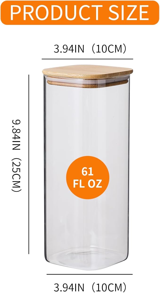 Glass Jars with Bamboo Lids 3 Pack, 61 Oz Airtight Square Storage Container, Clear Kitchen Canisters for Soild food, Nuts/Cookies/Sugar/Pasta