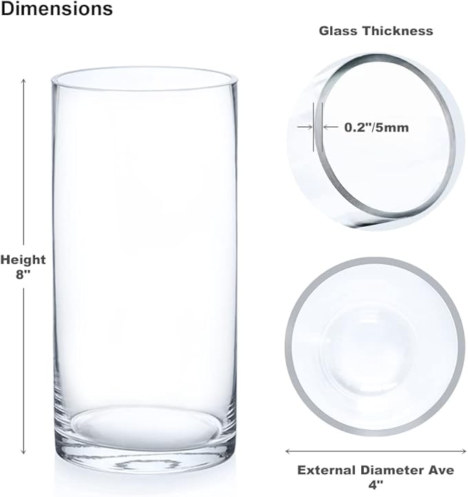 Enova Floral Set of 4 Clear Cylinder Glass Vase 4W x 8H Inches, Clear Flower Vases, Pillar Candle Hurricane Floating Candle Holder Vase, Glass Flower Vase for Wedding Centerpieces, Home Décor