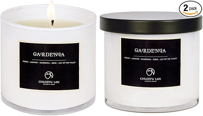 Chloefu LAN Gardenia Scented Candles - Highly Scented, 7.1oz|45 Hour Long Burning, Gifts for Women, 100% Natural Soy, Home Decor, White Glass Jar With Gift Box 2 Pack