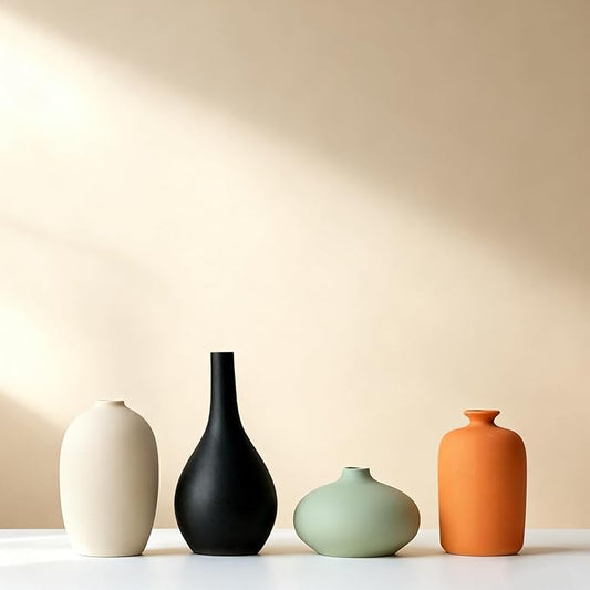 Set of 4 Small Matte Ceramic Vases - Modern & Bohemian Decor for Home, Office, Shelve, Living Room Table, Mantel, Bedroom, Entryway, Rustic Farmhouse Decorative Vases & More（Hademade
