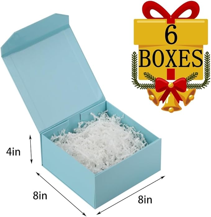 6 Pcs Small Blue Gift Box 8x8x4 Inch Magnetic Gift Box Small Magnetic Box with Crinkle Paper Blue Small Gift Box with Shredded Paper Luxury Gift Boxes with Lids for Presents