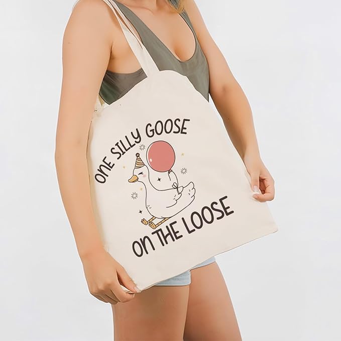 Funny Canvas Tote Bag for Women, One Silly Goose Reusable Shoulder Bags, Casual Canvas Totes to Work Traveling, Holiday Gift Bags for Wrap Storage, Christmas Gifts to Friends and Family