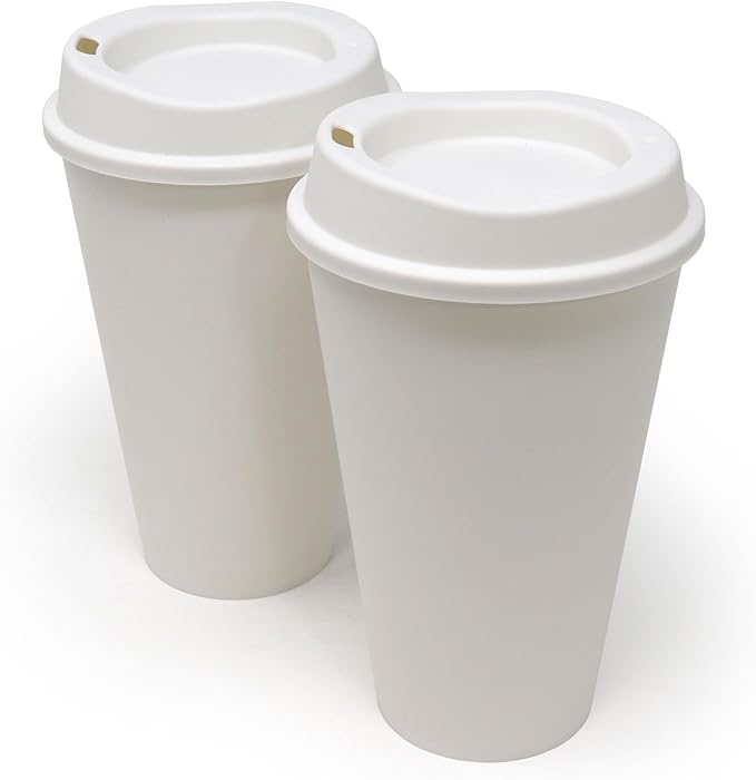 Rolling Sands USA Made 16 oz Reusable Coffee Cups with Lids 2 Pk, To Go Travel Cups, Hot or Cold Drinks, Dishwasher and Microwave Safe, White