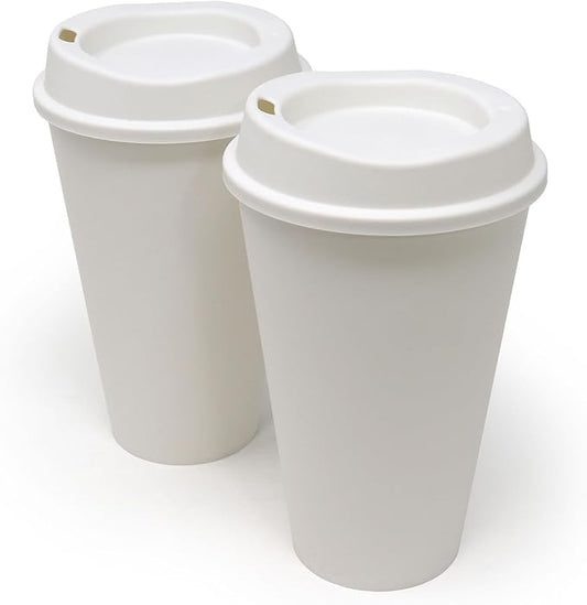 Rolling Sands USA Made 16 oz Reusable Coffee Cups with Lids 2 Pk, To Go Travel Cups, Hot or Cold Drinks, Dishwasher and Microwave Safe, White