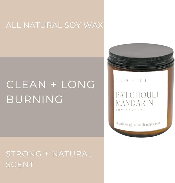 River Birch Candles Patchouli Mandarin Scented Candle | Premium, All-Natural, Non-Toxic, Soy Amber Jar Candles | 8.5oz 40 Hr Burn Time | Cozy Relaxing Gifts for Home