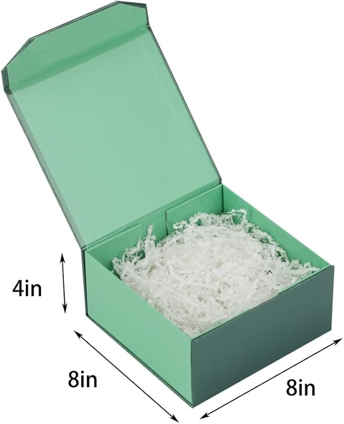 1 Pc Small Green Magnetic Gift Box 8x8x4 Inch Box with Crinkle & Shredded Paper, Luxury Gift Boxes with Lids