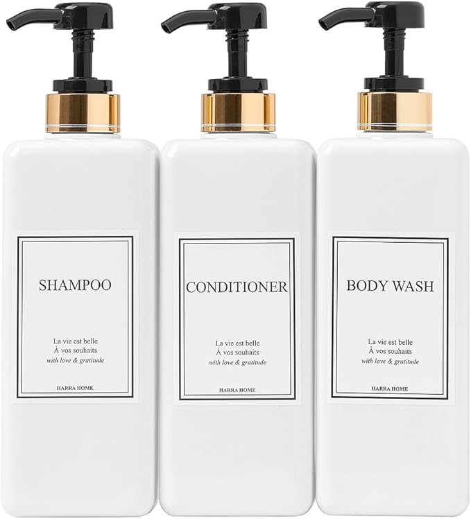 Modern Gold Design Large 27 oz Shampoo and Conditioner Dispensers - Empty Plastic Refillable Pump Bottle Set for Bathroom Shower Soap Dispenser, Gift Box Included, Set of 3 (Black)