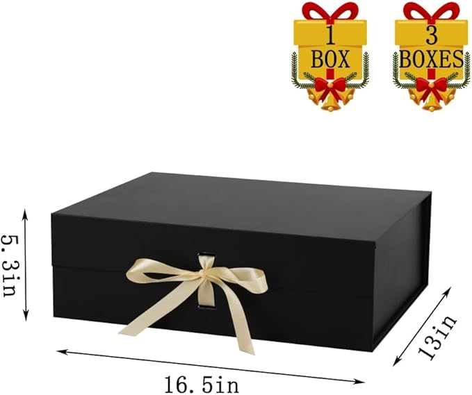 BoxSkivra Large Black Gift Box with Ribbon 1 Pack 16.5X13X5.3 Inch Extra Large Gift Box with Lid Magnetic Closure Rectangle Collapsible Luxury Boxes for Wedding Dress、Shredded Paper Filler & Card