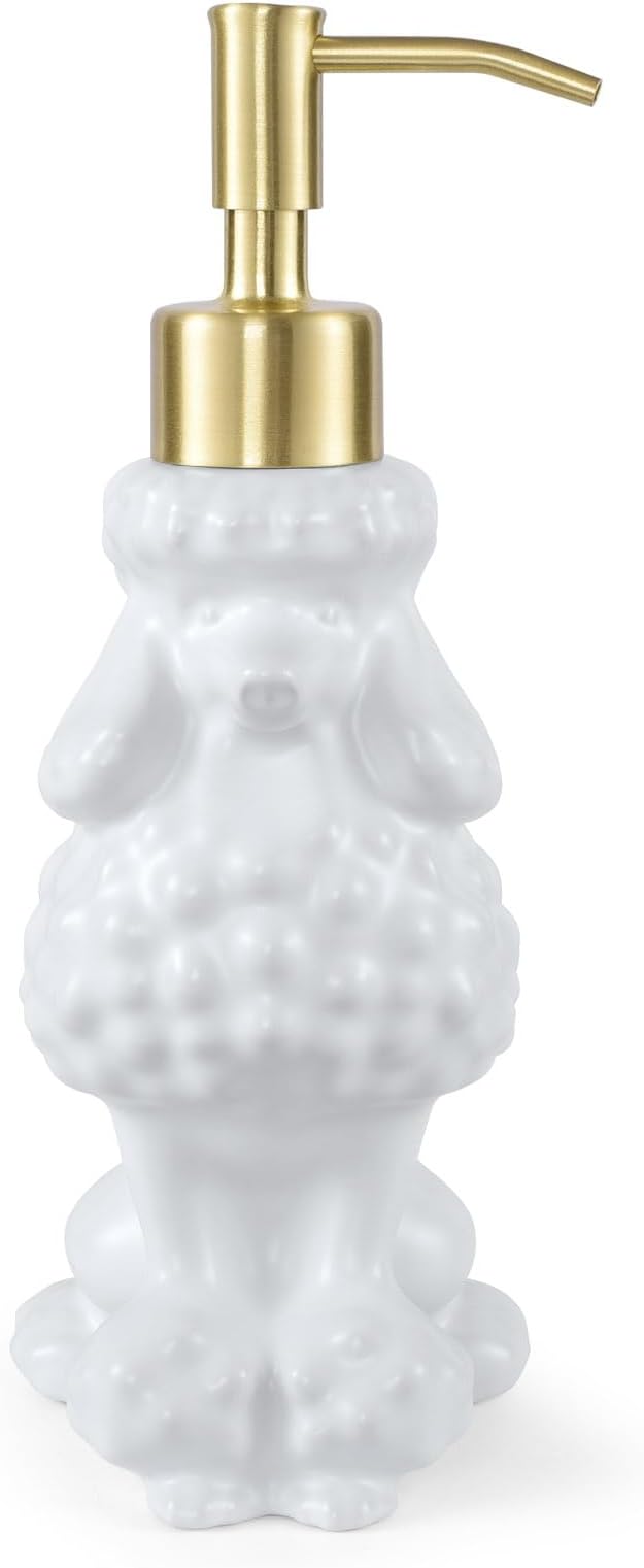 Poodle Shaped Soap/Lotion/Hand Sanitizer Ceramic Dog Lover Stainless Steel Pump Dispenser for Dog Mom Gifts, Refillable for Kitchen and Bathroom(White)