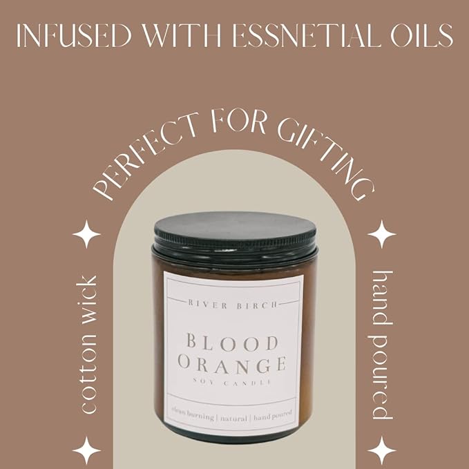River Birch Candles Blood Orange Scented Candle | Premium, All-Natural, Non-Toxic, Soy Amber Jar Candles | 8.5oz 40 Hr Burn Time | Cozy Relaxing Gifts for Home