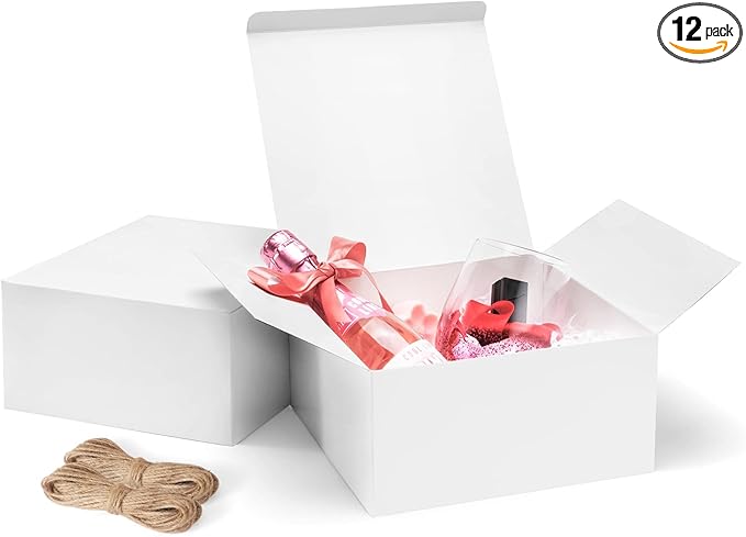 ValBox 8x8x4 Inches Gift Boxes 12 PCS White Paper Gift Boxes with Lids for Gifts, Wedding Present, Bridesmaid Proposal Box, Birthday Party Favor, Easy Assemble Box with 66ft Twine