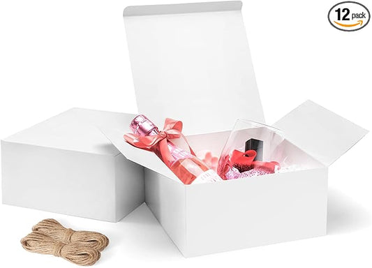 ValBox 8x8x4 Inches Gift Boxes 12 PCS White Paper Gift Boxes with Lids for Gifts, Wedding Present, Bridesmaid Proposal Box, Birthday Party Favor, Easy Assemble Box with 66ft Twine