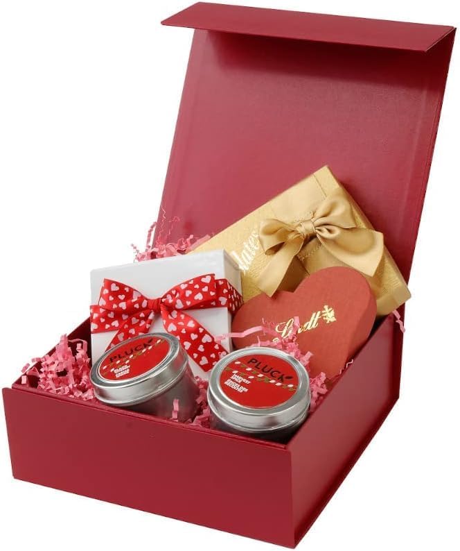 CECOBOX - Gift Boxes with Lids for Presents 8"x8"x3.1" - Matte, Collapsible Magnetic Closure Gift Box - Groomsmen & Bridesmaid Proposal Boxes, Wedding, PR, Birthdays, Holidays (Scarlet Leatherette)