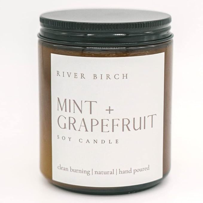 River Birch Candles Mint + Grapefruit Scented Candle | Premium, All-Natural, Non-Toxic, Soy Amber Jar Candles | 8.5oz 40 Hr Burn Time | Cozy Relaxing Gifts for Home