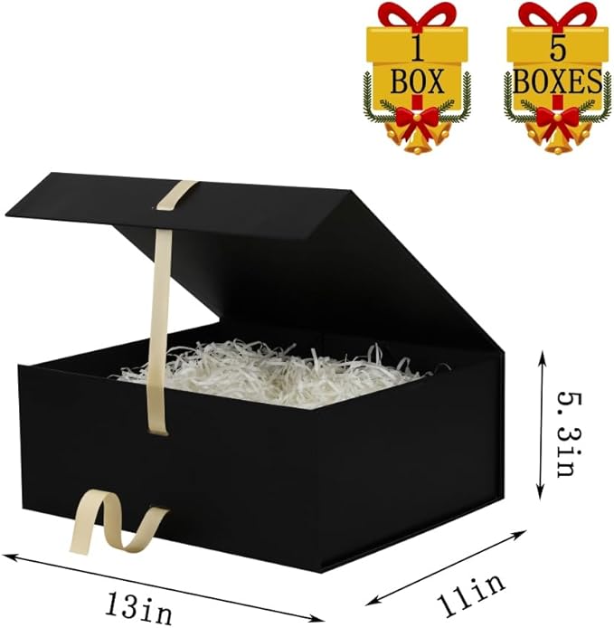 Large Black Gift Boxes with Lids - 5 Pack, 13x11x5.3 Inch, Foldable, with Ribbon, for Presents, Easter, Groomsman Proposal Box, Shredded Paper, Cards