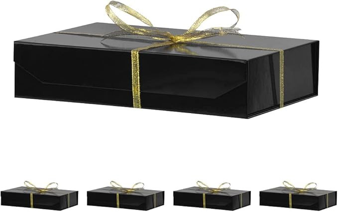5 Pack Black Gift Boxes with Lids Small 12 x 8 x 2.7 Inches Clothes Gift Boxes for Presents Shirt Gift Boxes with Ribbon Magnetic Gift Boxes Bulk Cute Box for Packaging (Glossy Surface)