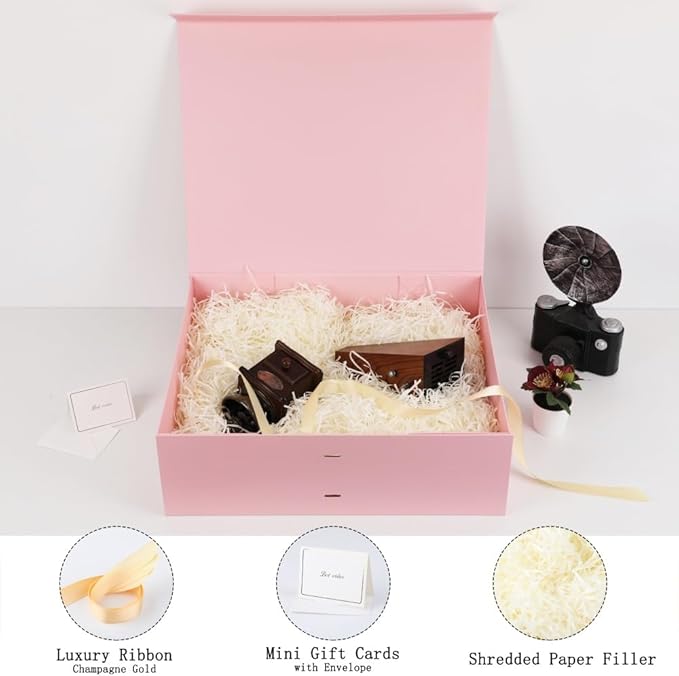 BoxSkivra Pink Extra Large Gift Box with Lid 1 Pack 19x16x6 Inch Large Gift Boxes with Crinkle Paper & Card Magnetic Gift Box with Ribbon for Wedding Dress