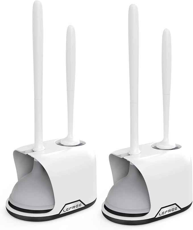 Lefree, 2 in 1 Toilet Brush and Plunger Set with Silicone Bristles, Plastic Material, Includes Holder, White/Black, for Deep Cleaning