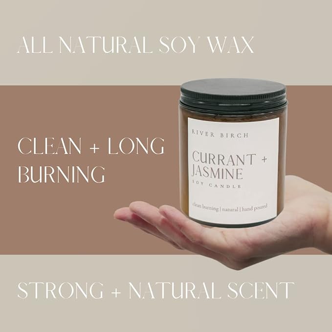 River Birch Candles Currant + Jasmine Scented Candle | Premium, All-Natural, Non-Toxic, Soy Candles | 8.5oz 40 Hr Burn Time | Cozy Relaxing Gifts for Home
