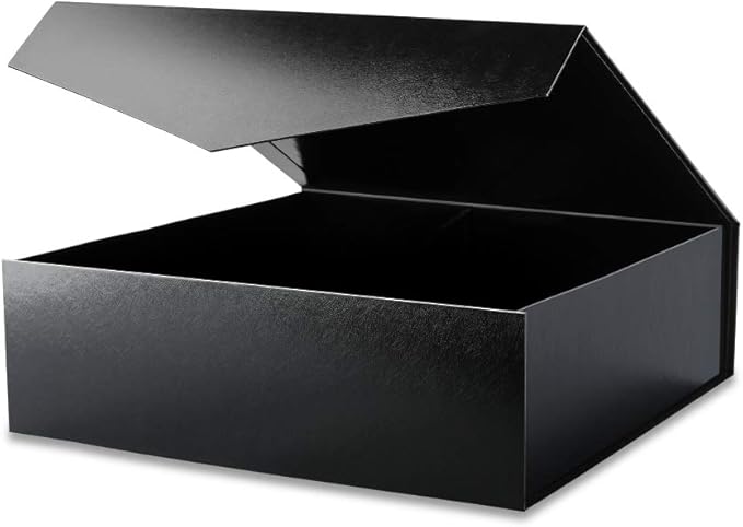 BLK&WH Extra Large Gift Box with Lid 16.3x14.2x5 Inches, Black Gift Box for Clothes and Large Gifts (Glossy Black with Grass Texture)