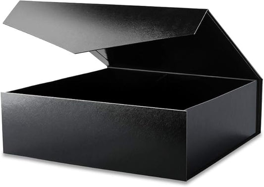 BLK&WH Extra Large Gift Box with Lid 16.3x14.2x5 Inches, Black Gift Box for Clothes and Large Gifts (Glossy Black with Grass Texture)