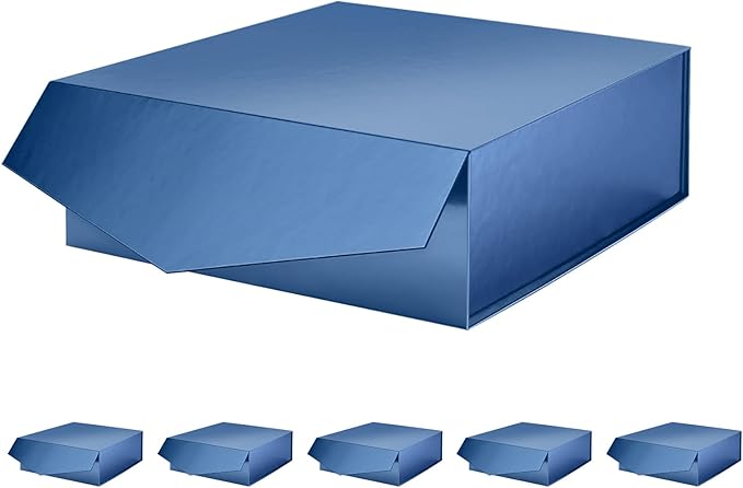 6 Gift Boxes with Lids 9x9x3.4 Inches, Navy Blue Groomsmen Proposal Boxes with Magnetic Closure for All Occasion (Glossy Navy Blue)