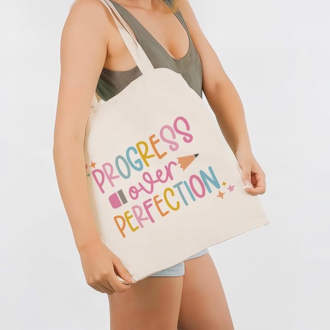 Inspirational Canvas Tote Bag, Progress Over Perfection Tote Bag, Casual Canvas Totes for Work Traveling, Reusable Grocery Shoulder Shopping Bags, Christmas Gifts to Women Friends