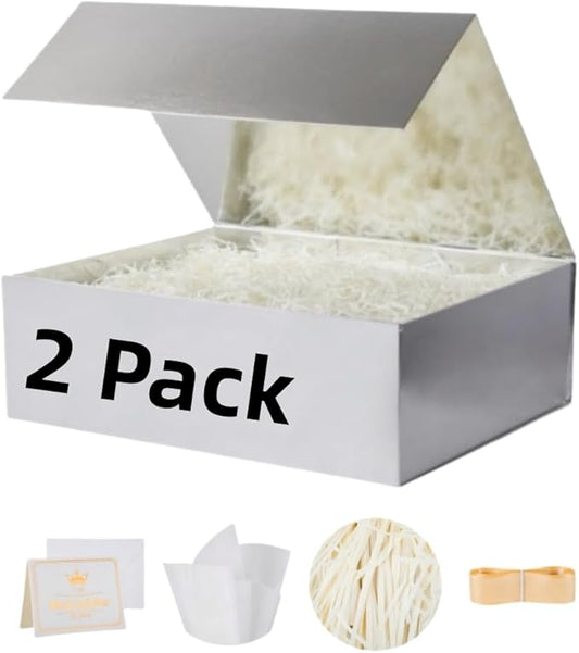 UoeRing 2 Pack Silver Gift Box Large 13.5x11.8x4.7 inch Luxury Gift Box for Presents with Magnetic Closure Lid Collapsible,Birthday,Contains Card, Ribbon, Tissue Paper,Shredded Paper Filler