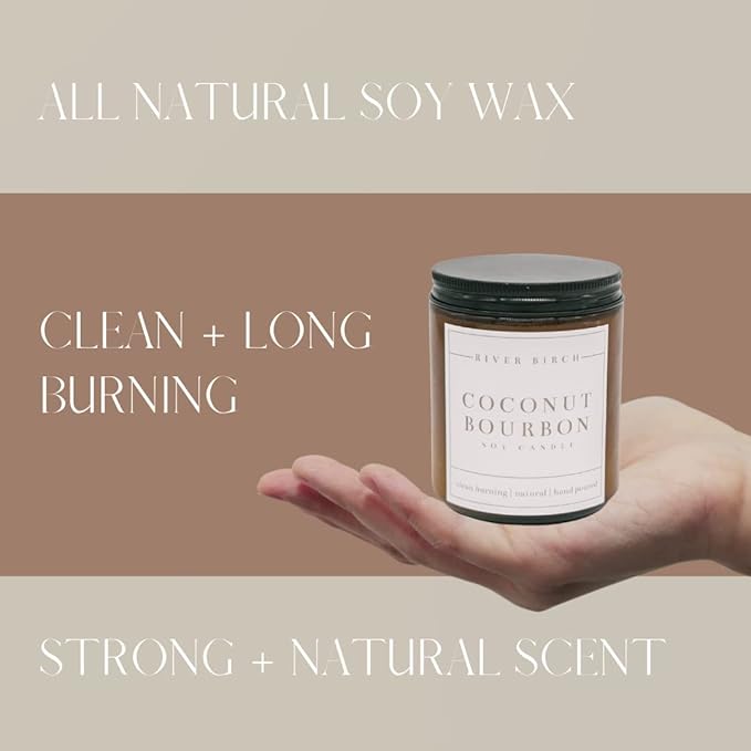 River Birch Candles Coconut Bourbon Scented Candle | Premium, All-Natural, Non-Toxic, Soy Amber Jar Candles | 8.5oz 40 Hr Burn Time | Cozy Relaxing Gifts for Home