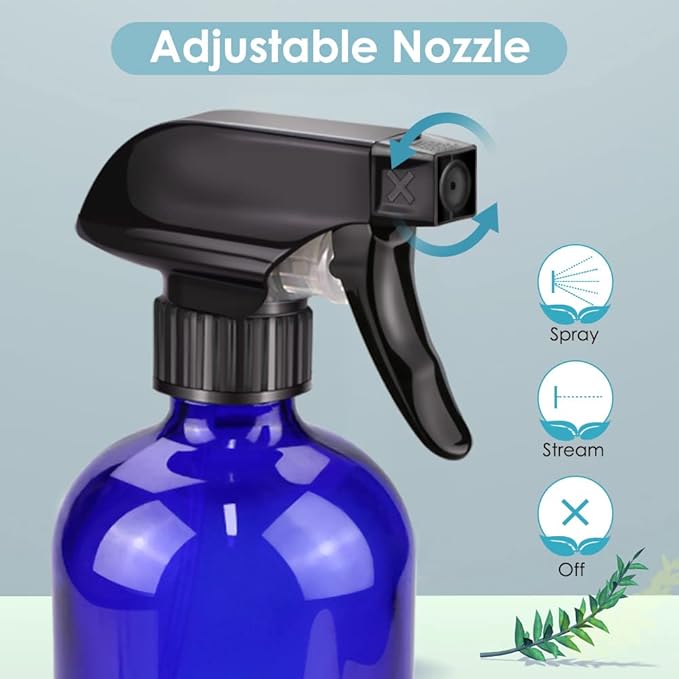 Glass Spray Bottle, Blue Glass Spray Bottle Set & Accessories Refillable for Plants Window Cleaners Aromatherapy Facial Hydration Watering Flowers Hair Care (2 Pack/16 oz) (Blue)