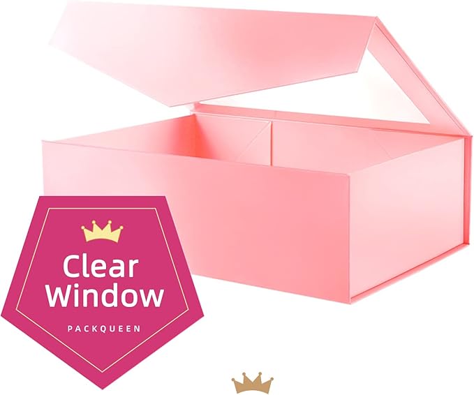 PACKQUEEN Large Pink Gift Box with Window, 13.5x9x4.1 Inches Clear Mothers Day Gift Box for Present Contains Ribbon, Card, Bridesmaid Proposal Box with Magnetic Lid (Glossy Pink)
