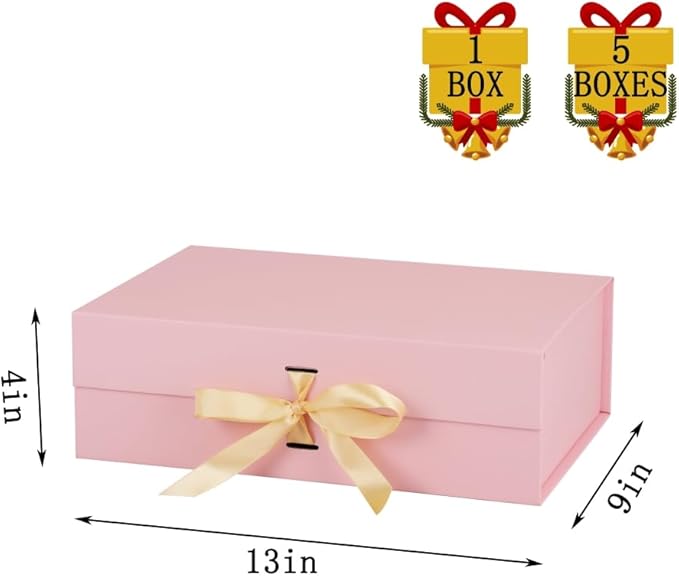 BoxSkivra Large Gift Boxes with Lids 5 Pack 13X9X4 Inch Large Pink Gift Box with Ribbon Foldable Gift Boxes for Presents、Bridesmaid Proposal Box、Wedding Gifts、Shredded Paper Filler & Cards