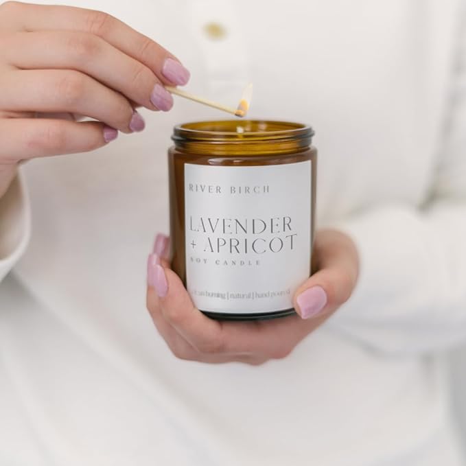 River Birch Candles Lavender + Apricot Scented Candle | Premium, All-Natural, Non-Toxic, Soy Wax, Amber Jar | 8.5oz 40 Hr Burn Time | Cozy Relaxing Gifts for Home