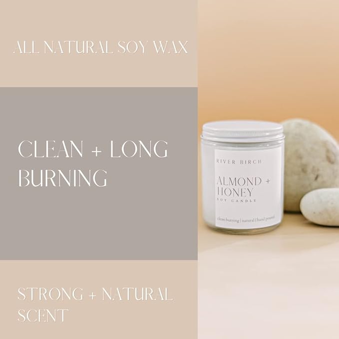 River Birch Candles Almond + Honey Scented Candle | Premium, All-Natural, Non-Toxic, Soy Candles | 8.5oz 40 Hr Burn Time | Cozy Relaxing Gifts for Home