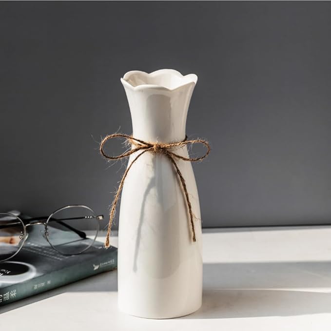 Boho Ceramic Vase with Rope, 8.2" H, Rustic Flower Vase Classic Style for Dried Flowers Fresh Flowers, Fit for Fireplace Bedroom Kitchen Living Room Centerpieces Office Desk