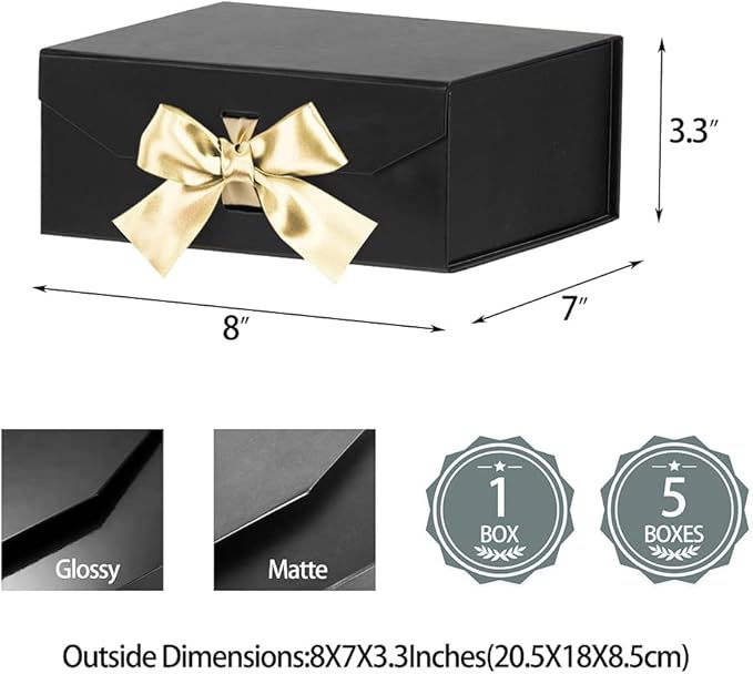 Black Gift Box 8x7x3.3 Inches, Luxury Gift Box with Ribbon, Empty Box with Lid, Collapsible Small Gift Boxes for Presents Packaging (Matte Black)