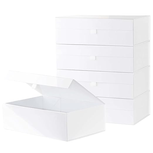 Purple Q Crafts White Hard Gift Box With Magnetic Closure Lid 14" x 9" x 4" Rectangle Favor Boxes With White Glossy Finish (5 Boxes)