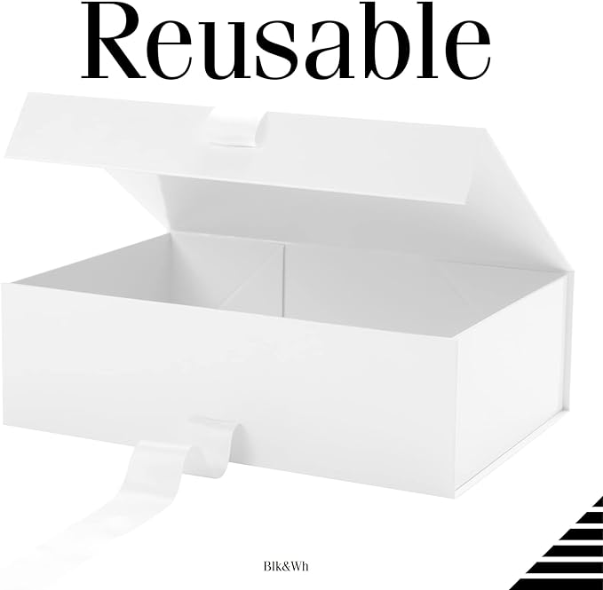 BLK&WH 6 Large Gift Boxes with Ribbon 13.5x9x4.1 Inches, White Gift Boxes with Lids Large, Bridesmaid Proposal Boxes, Luxury Magnetic Boxes for presents (Glossy White)