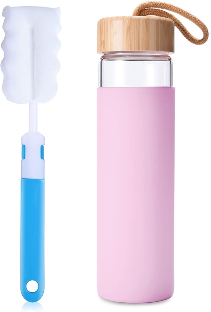 20 Oz Borosilicate Glass Water Bottles with Silicone Sleeve BPA Free, Dishwasher Safe - Reusable Clear Glass Drinking with Leak Proof Bamboo Lid | Perfect Gym Water Bottles for Men & Women