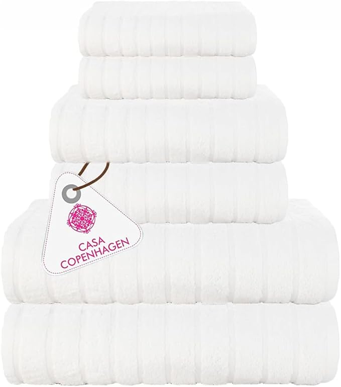CASA COPENHAGEN Ecstatic Designed in Denmark 600 GSM Hotel & Spa, Kitchen & Bath Set of 6 Egyptian Cotton Towels - 2 Bath Towels, 2 Hand Towels, 2 Washcloths - White