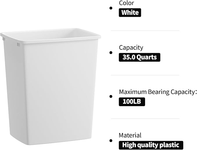 35QT Kitchen Trash Can, Sturdy and Lightweight Slim Trash Can, Trash Cans for Kitchen, Workspace, Bathroom, Office, Easy to Clean, 2-Pack, White