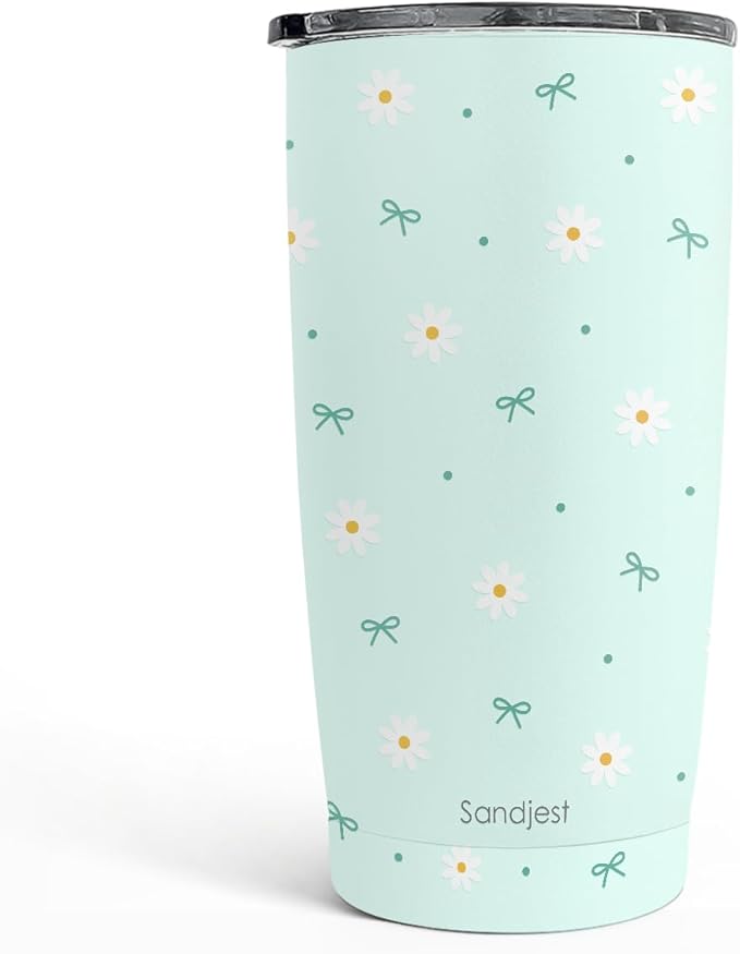 SANDJEST Daisy Tumbler 20oz, Stainless Steel Travel Cup with Lid, Floral Insulated Coffee Mug, Daisy Gifts for Women Girls Friends Sisters on Birthday Christmas